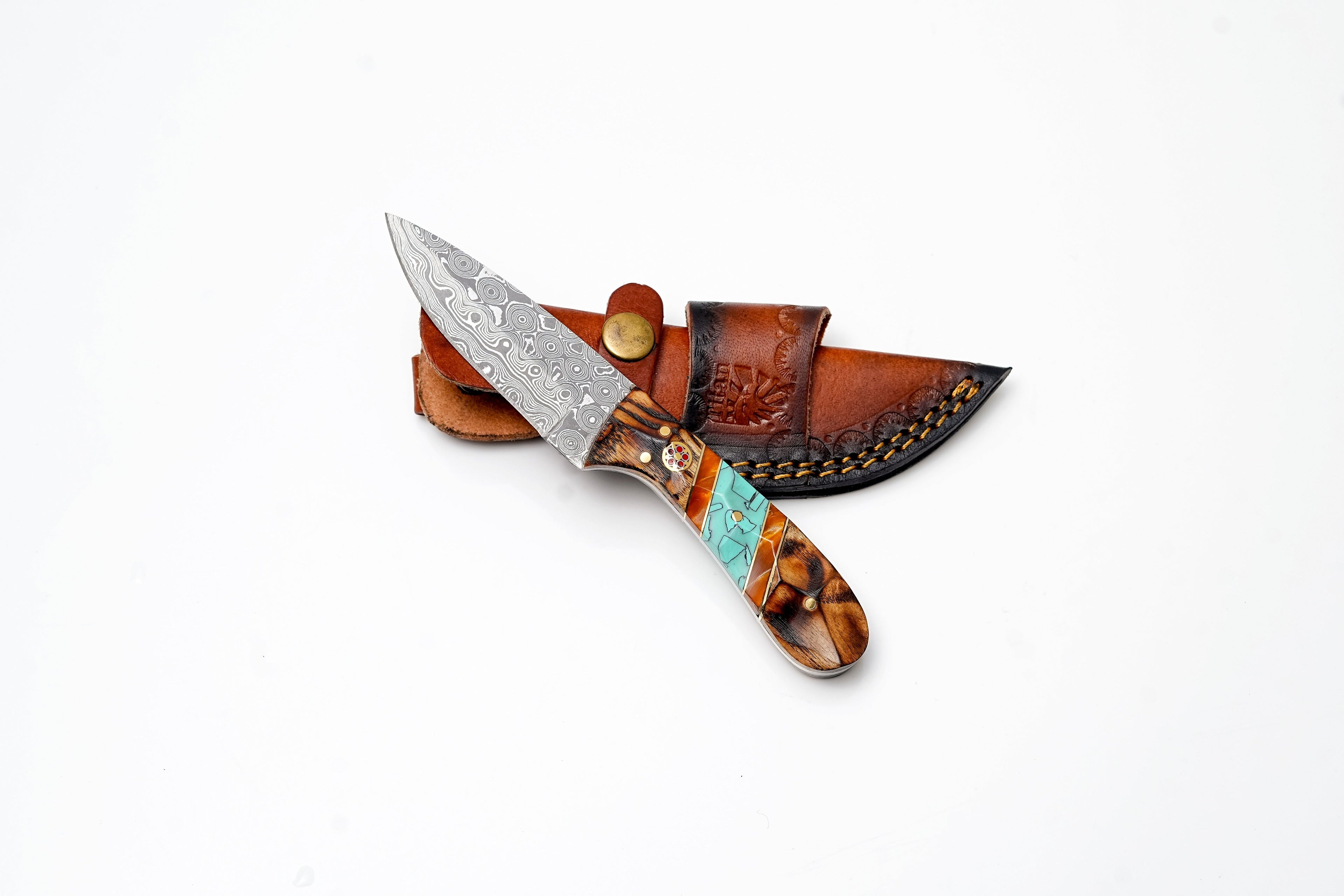 Damascus Steel Drop Point Hunter | Zebrawood, Turquoise & Amber Resin Handle TK-496