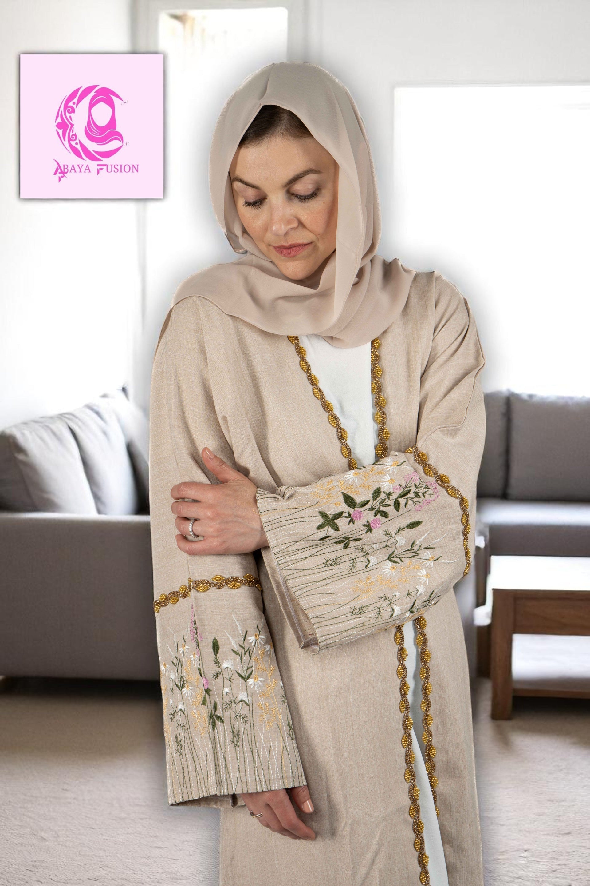 Beige linen embroidery abaya