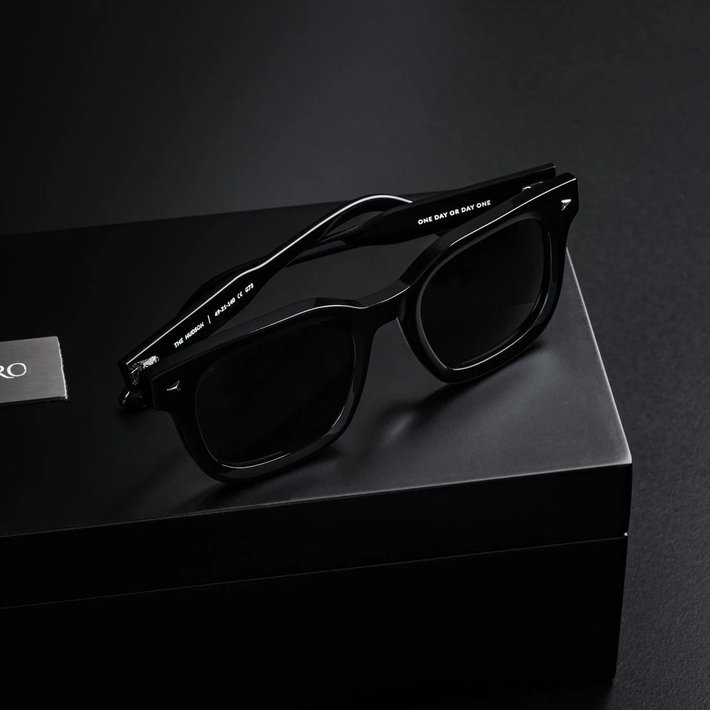 The Hudson Jet Black Structured Sunglasses with Beveled Edges
