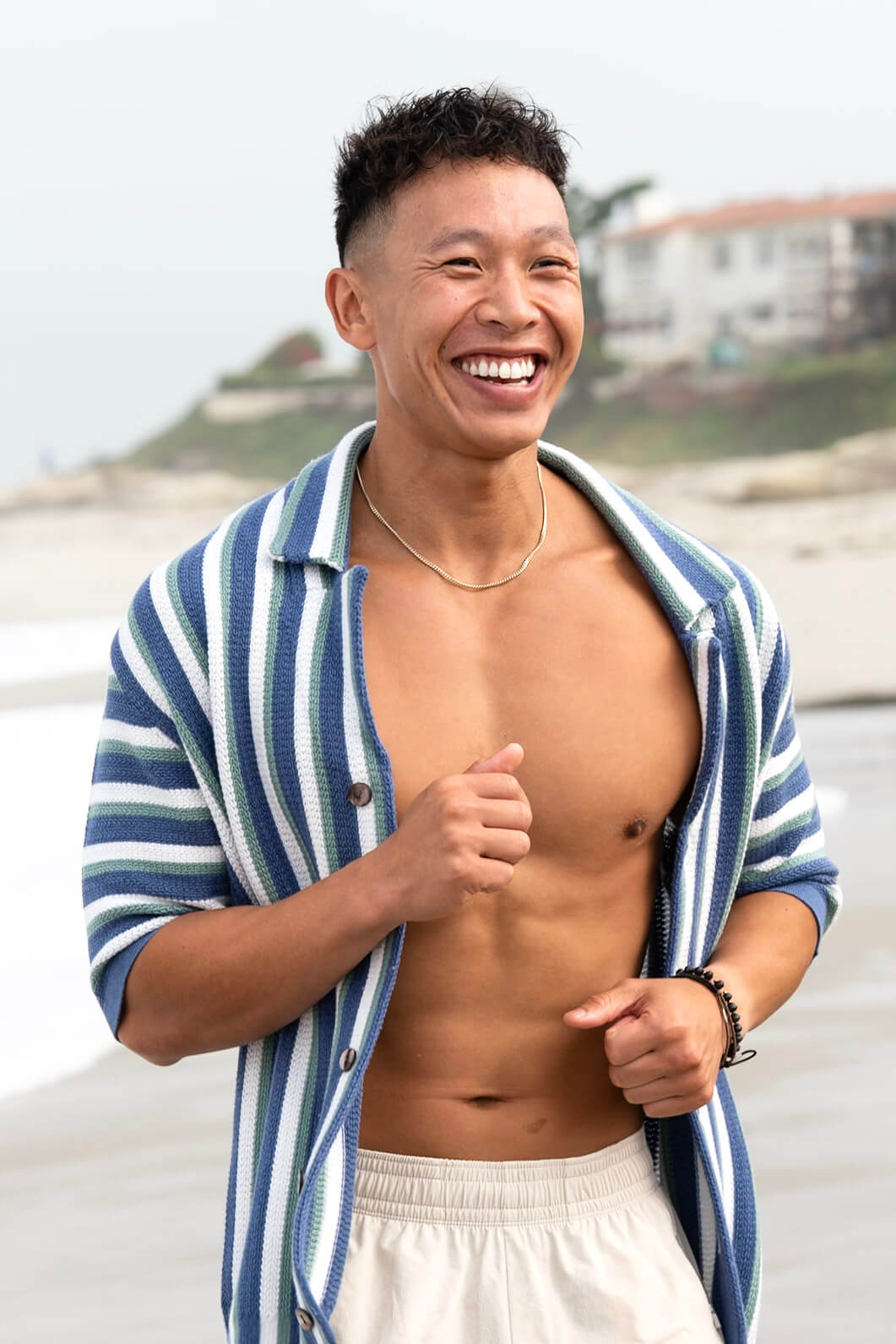 Hand-Woven Button-Up Shirt | Organic Cashmere Cotton Blend | Midnight Blue, Sage & Cream