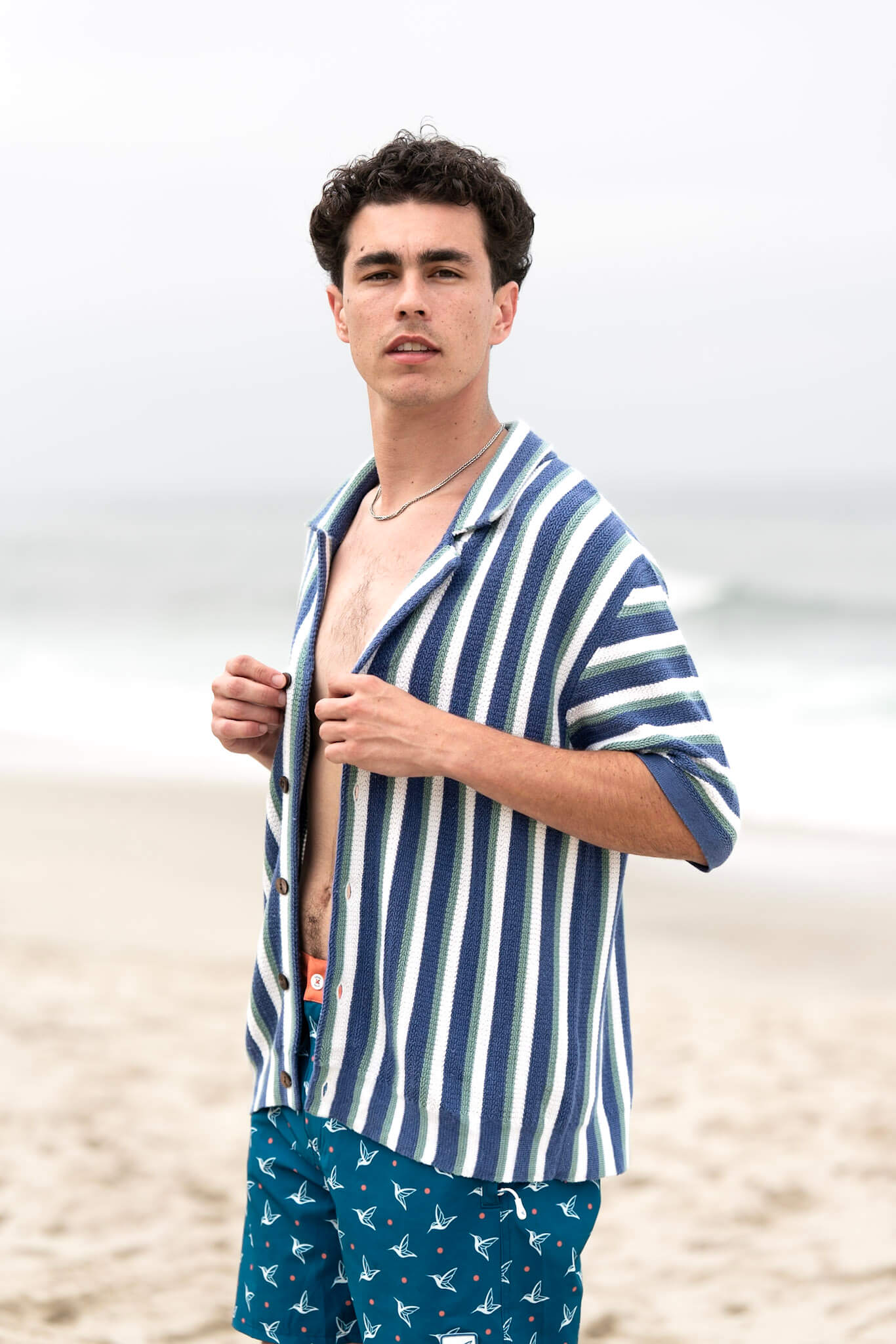 Hand-Woven Button-Up Shirt | Organic Cashmere Cotton Blend | Midnight Blue, Sage & Cream