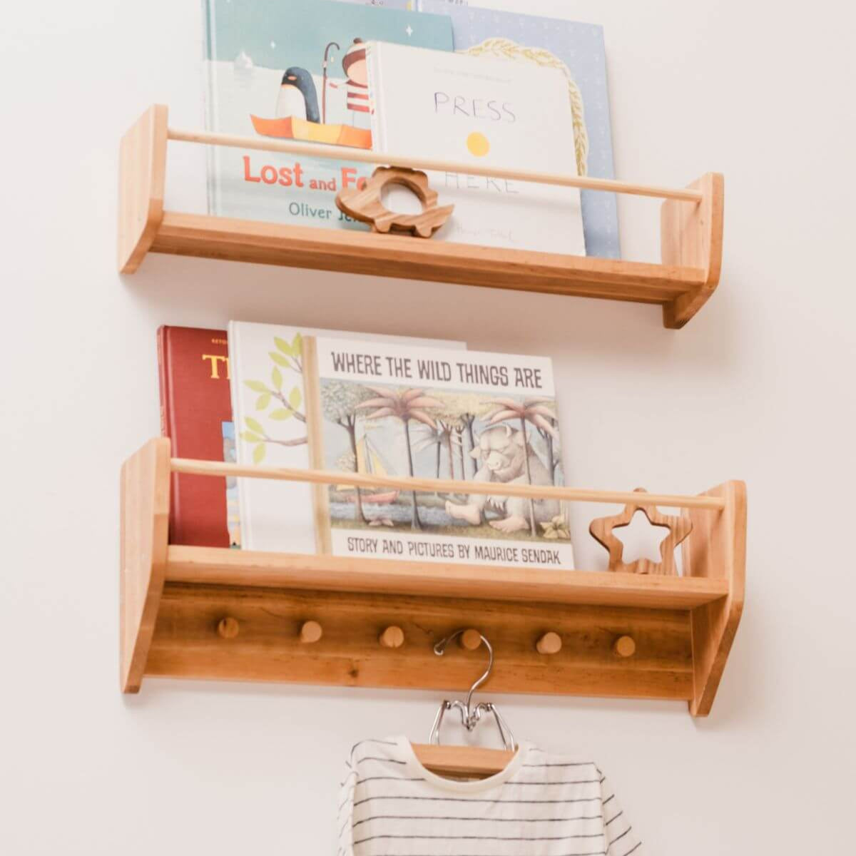 Nursery Wall Shelf with Hooks - Space-Saving Storage