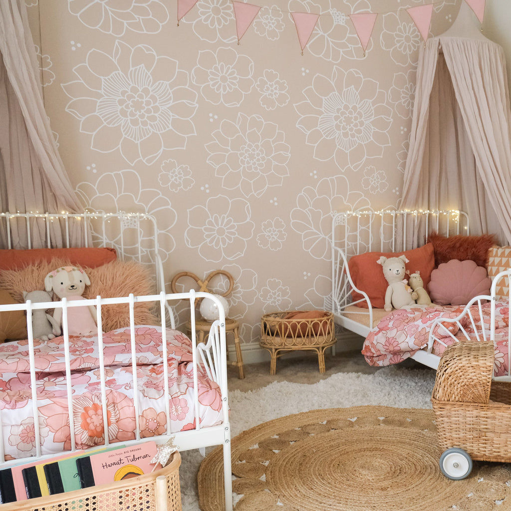 Ellis floral wallpaper in soft beige and white