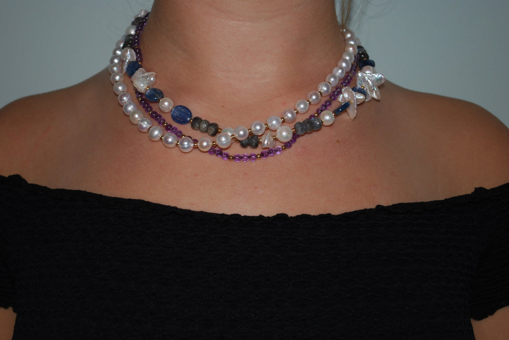 Three-Strand Amethyst Lapis Labradorite and Pearl Necklace - Image 3