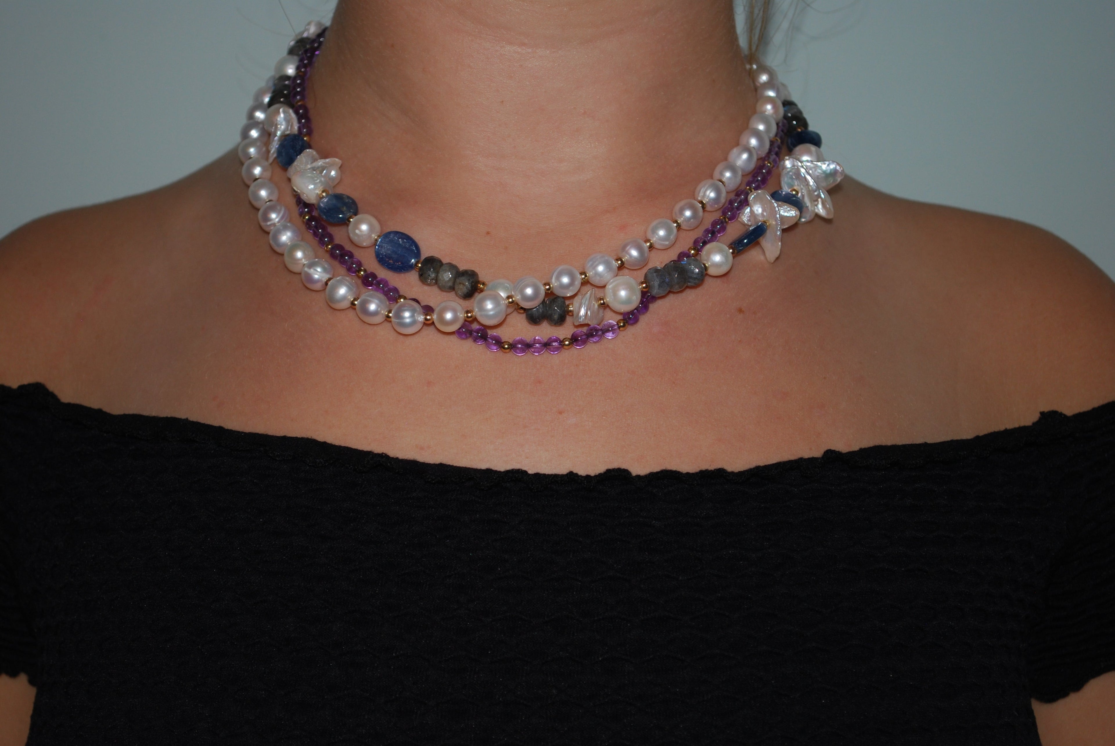 Three-Strand Amethyst Lapis Labradorite and Pearl Necklace - Image 3