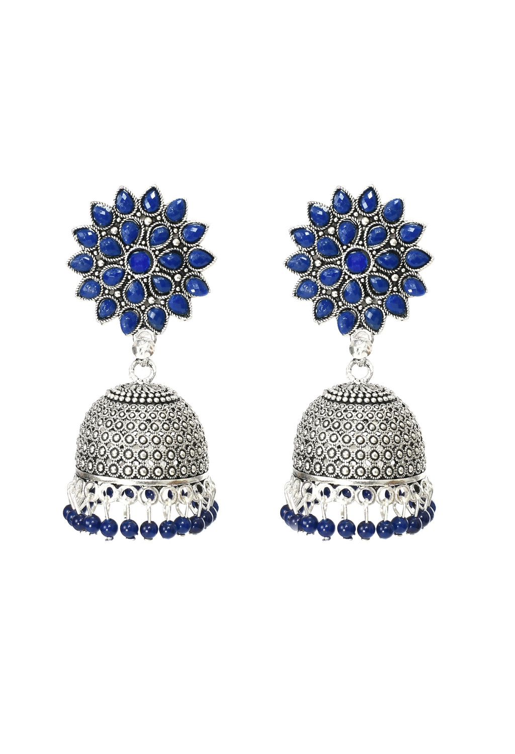 Traditional Joharkamal Kundan Jhumka earrings with blue beads and oxidized brass finish