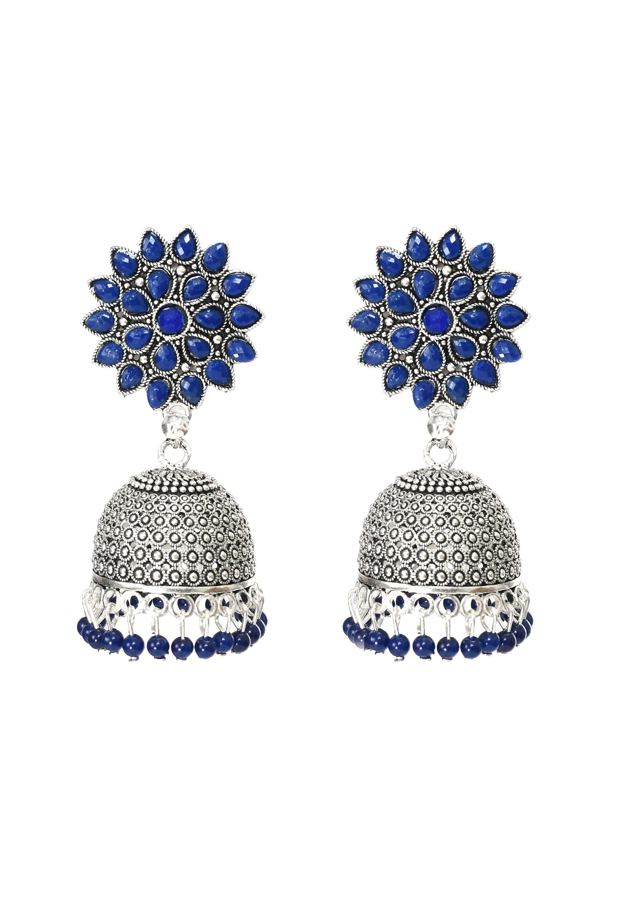 Traditional Joharkamal Kundan Jhumka earrings with blue beads and oxidized brass finish