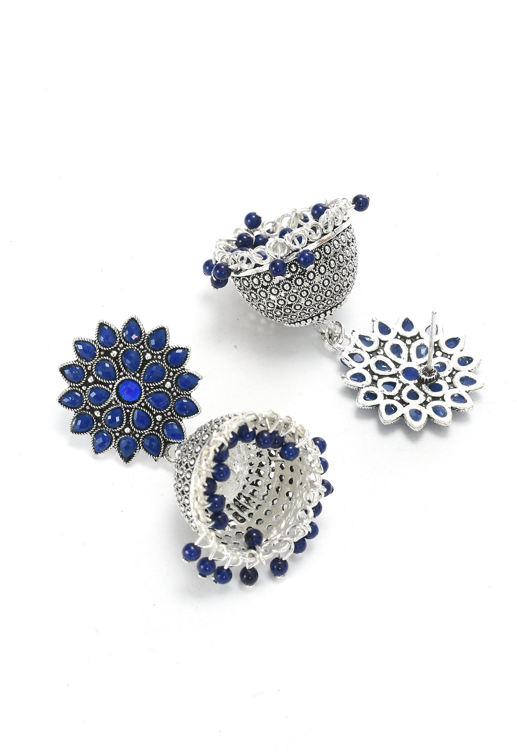 Joharkamal Kundan Jhumka Earrings with Blue Beads in Oxidized Brass