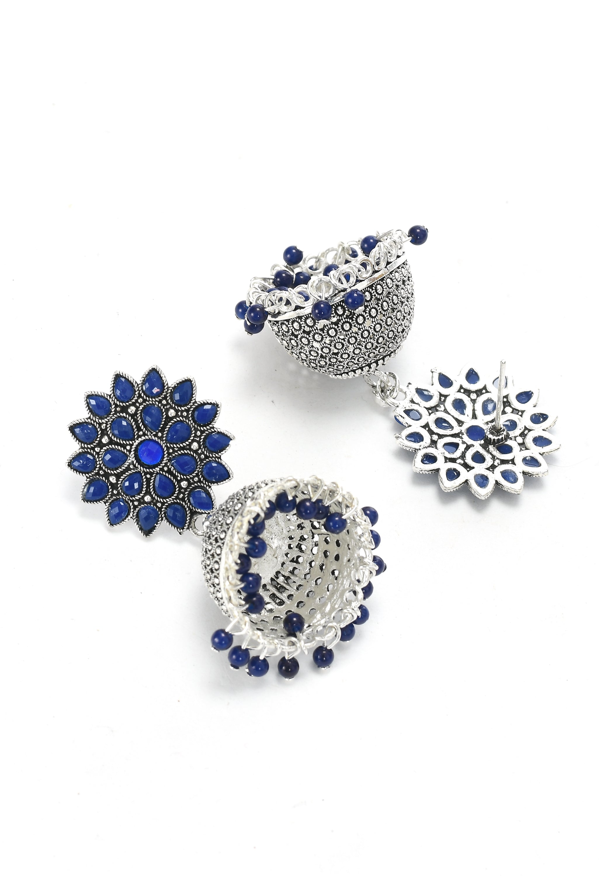 Joharkamal Kundan Jhumka Earrings with Blue Beads in Oxidized Brass