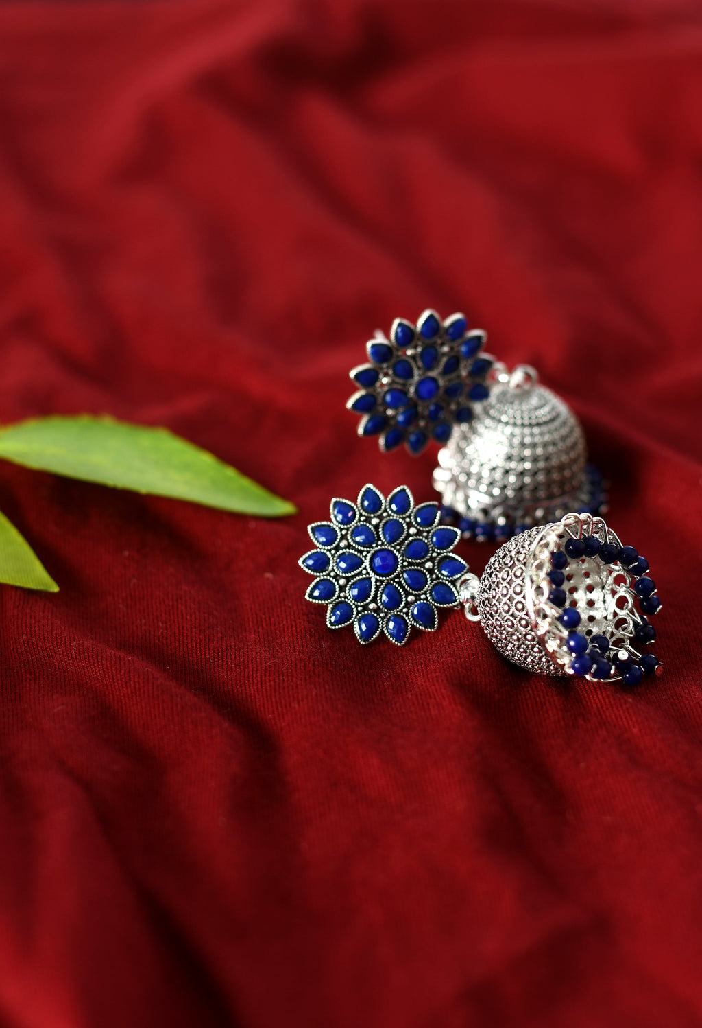 Joharkamal Kundan Jhumka Earrings with Blue Beads in Oxidized Brass