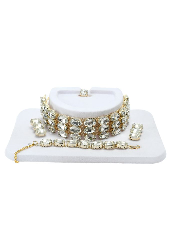Elegant Gold-Polished White Stone Statement Choker Necklace