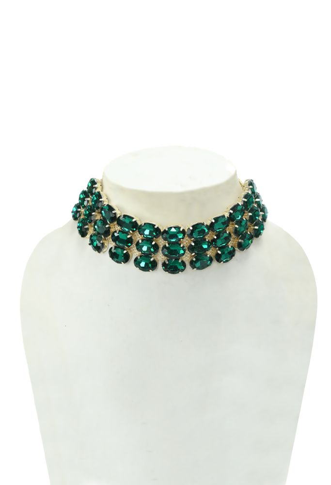 Gold-Polished Green Stone Statement Choker Necklace