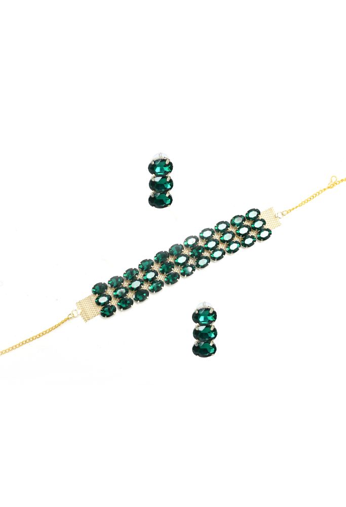 Gold-Polished Green Stone Statement Choker Necklace