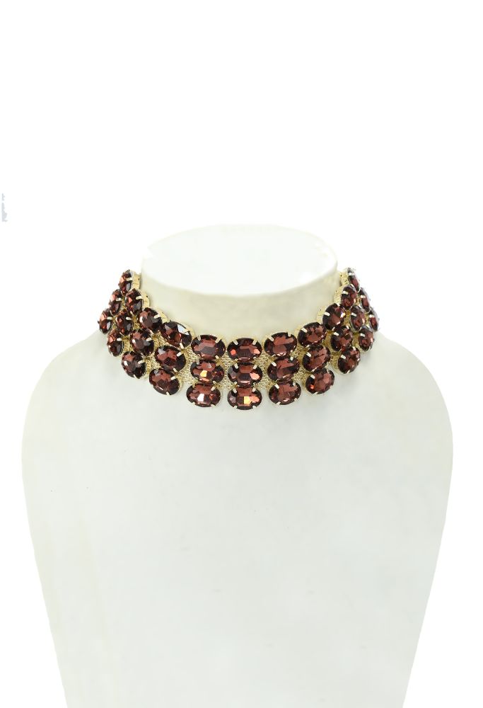 Gold-Polished Brown Stone Choker Necklace for Women