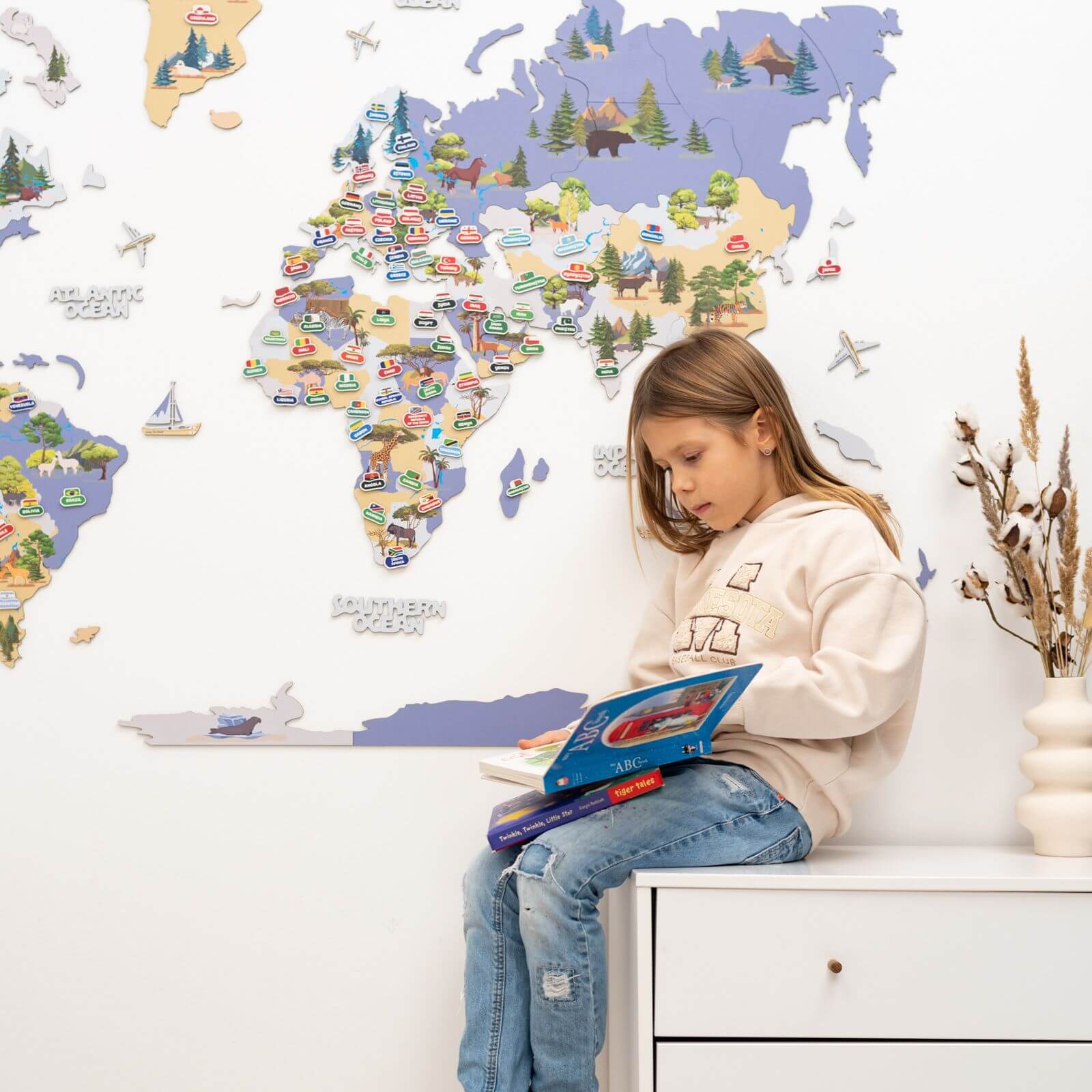 Interactive Animal World Map Wall Decor for Kids Nursery