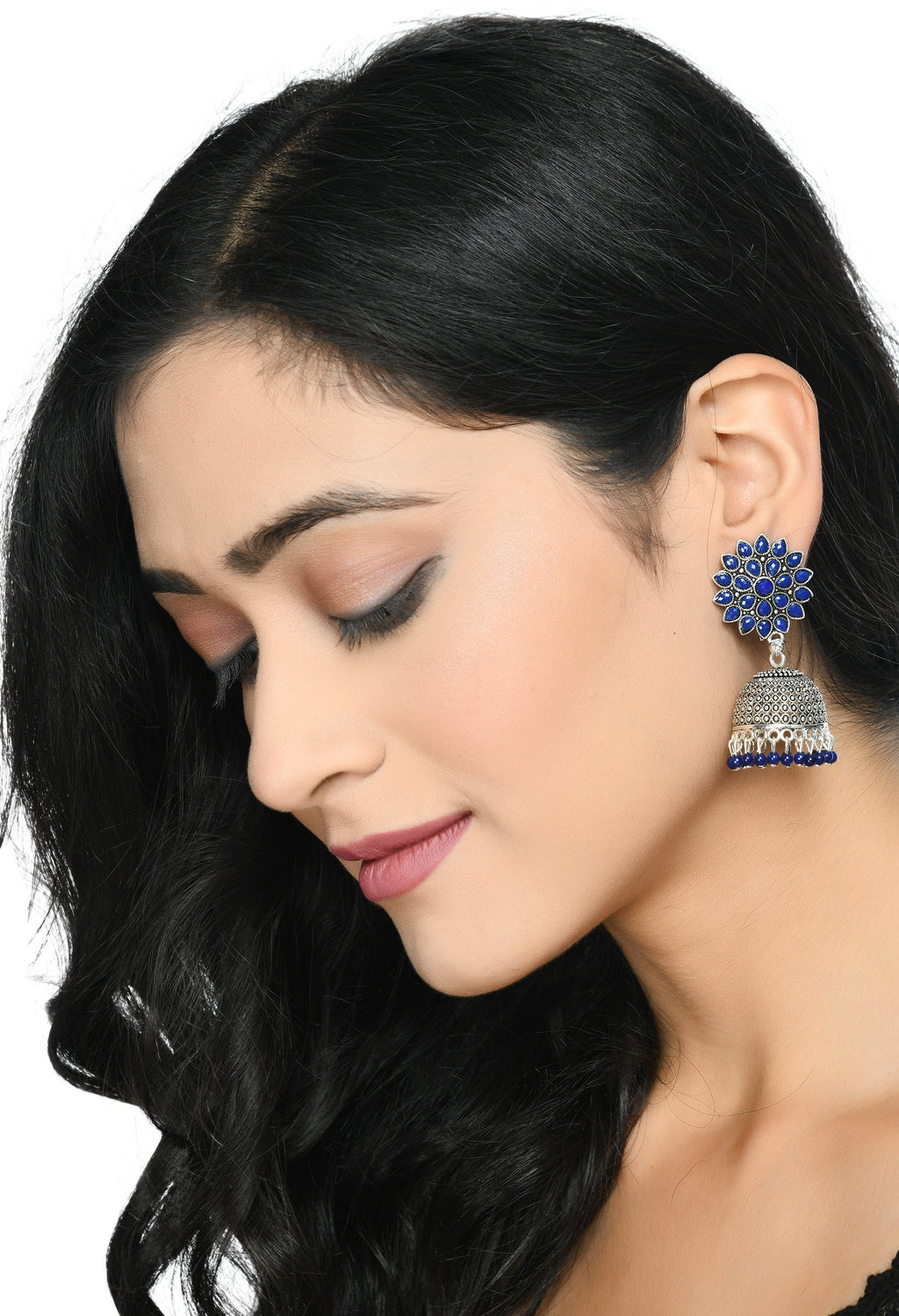 Joharkamal Kundan Jhumka Earrings with Blue Beads in Oxidized Brass