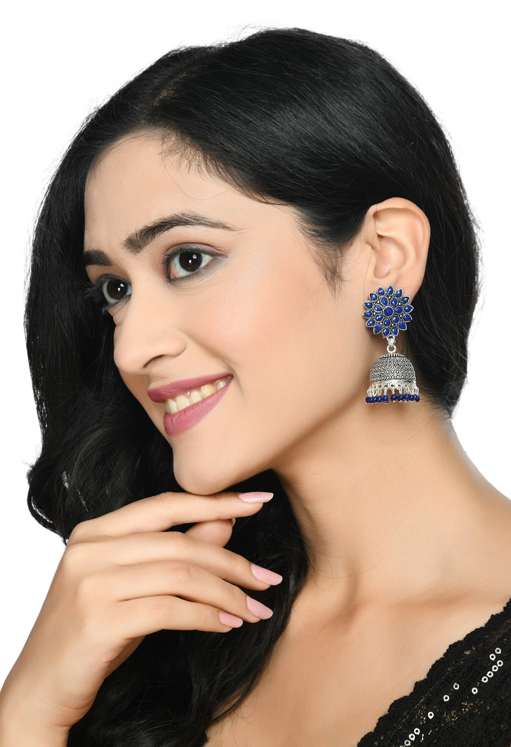 Joharkamal Kundan Jhumka Earrings with Blue Beads in Oxidized Brass