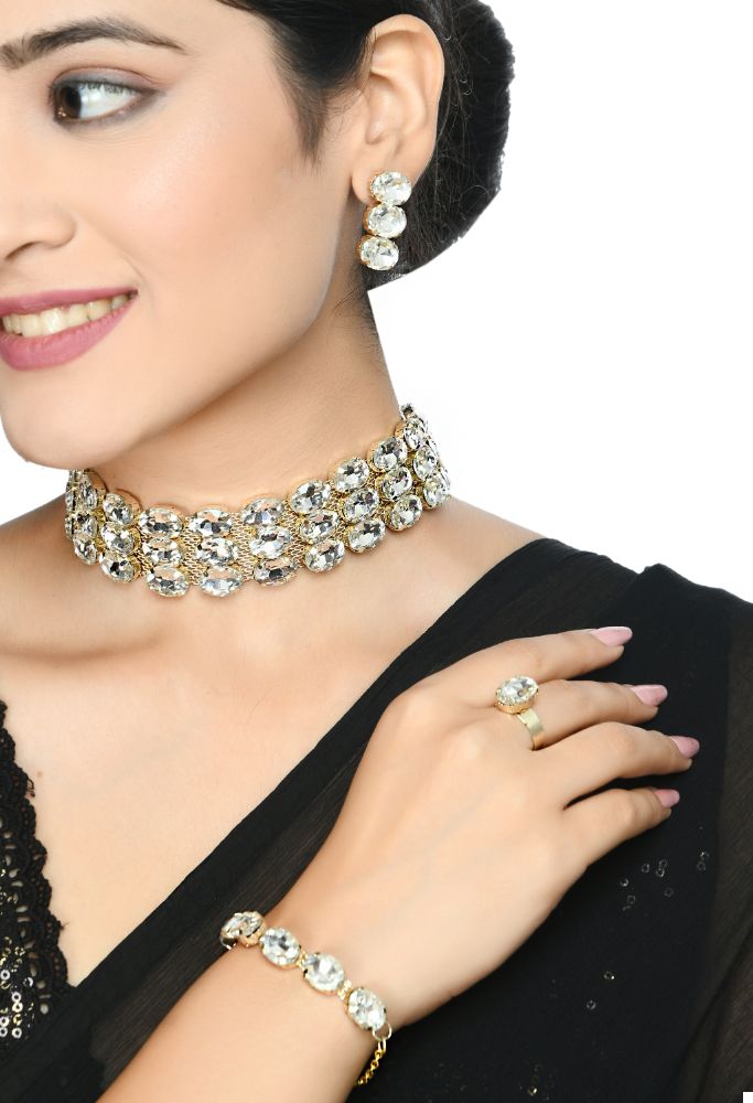 Elegant Gold-Polished White Stone Statement Choker Necklace