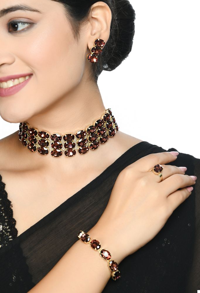 Gold-Polished Brown Stone Choker Necklace for Women