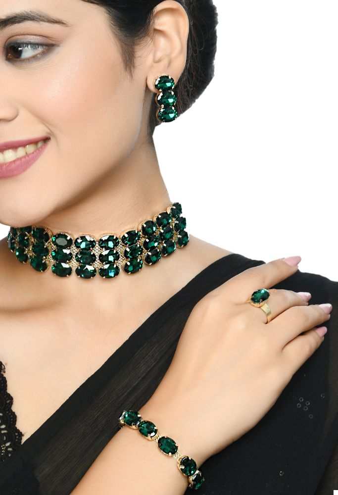 Gold-Polished Green Stone Statement Choker Necklace