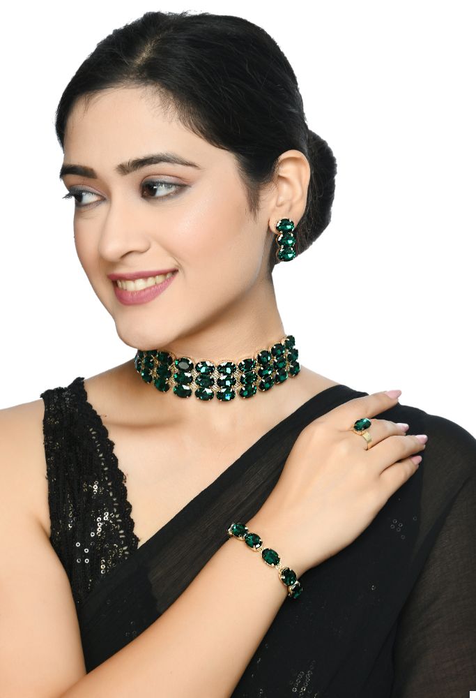 Gold-polished statement choker with green stones