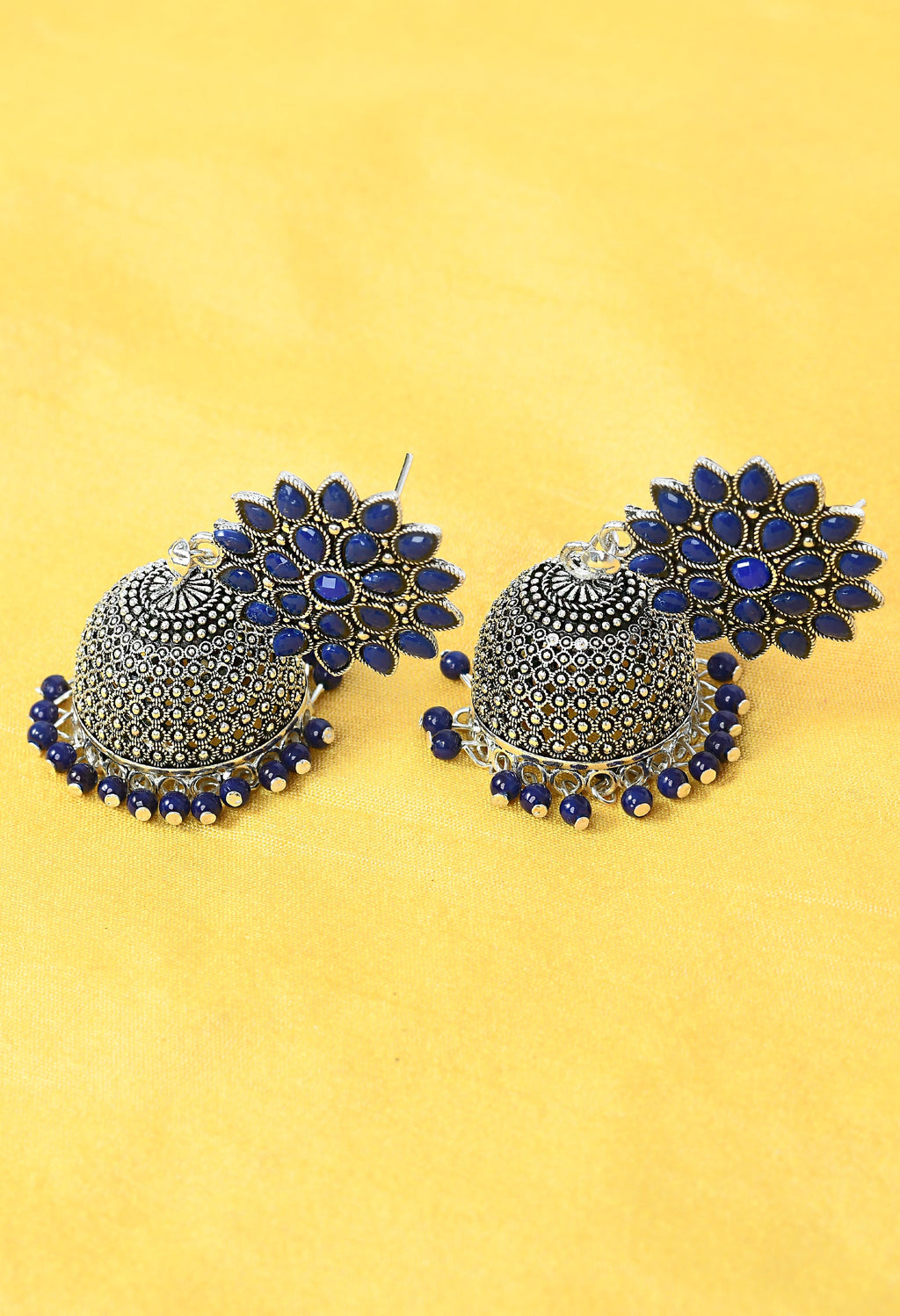 Joharkamal Kundan Jhumka Earrings with Blue Beads in Oxidized Brass