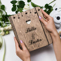 Rustic brown wooden wedding guest book and photo album with a natural finish