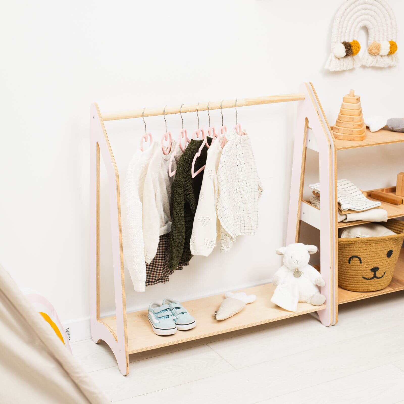 Kids Wooden Clothing Rack for Montessori Nursery Organization