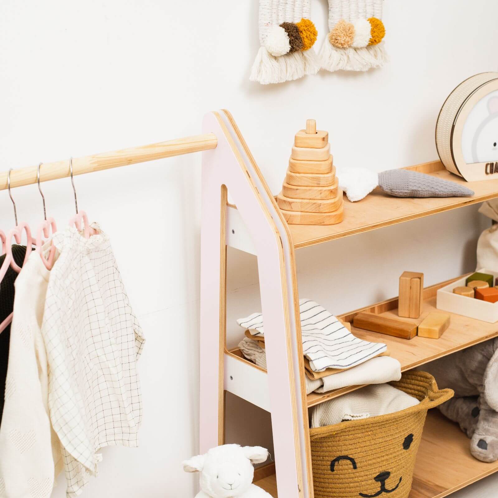 Kids Wooden Clothing Rack for Montessori Nursery Organization