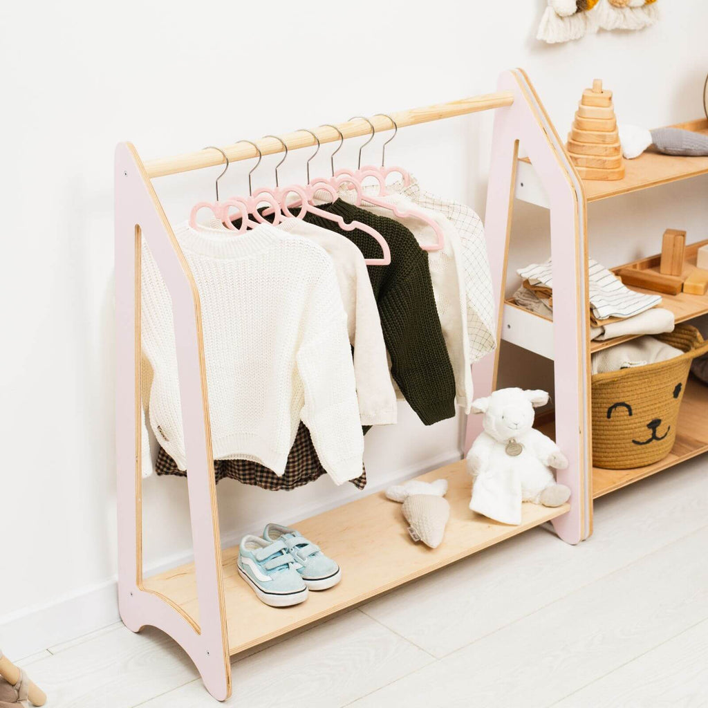Kids Wooden Clothing Rack for Montessori Nursery Organization