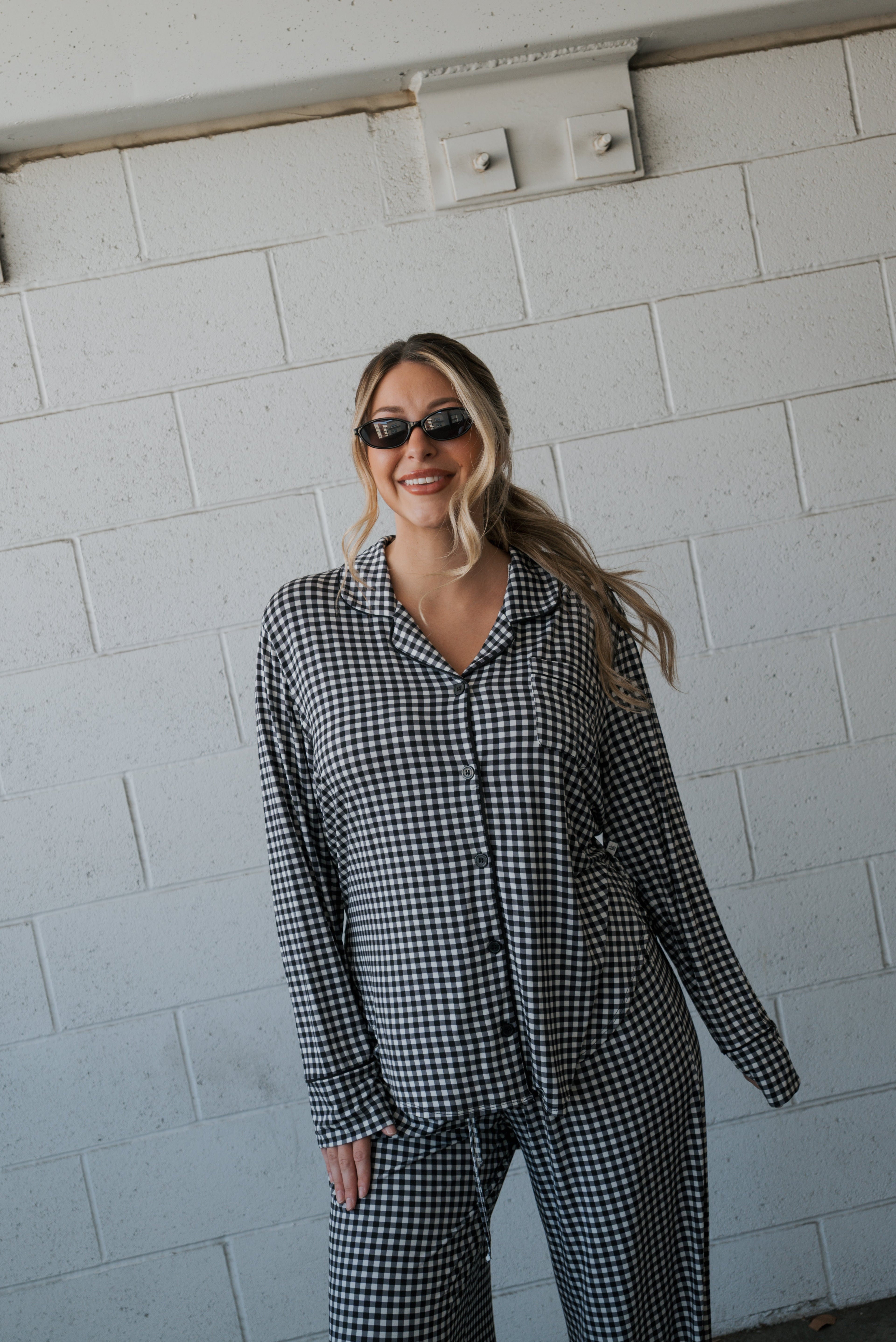 Women's Bamboo Button Up Lounge Set | Black Gingham