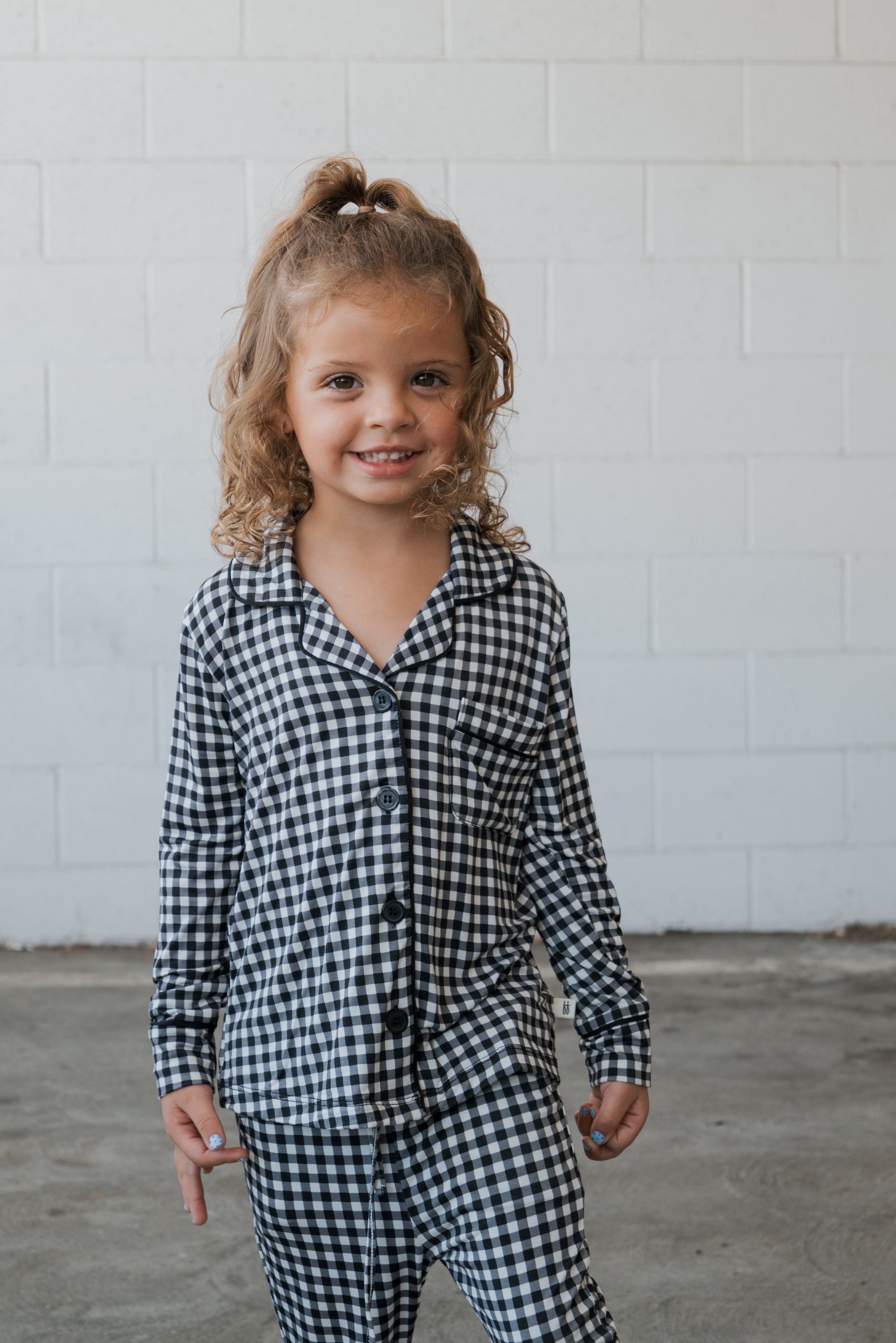 Girl's Bamboo Button Up Lounge Set | Black Gingham
