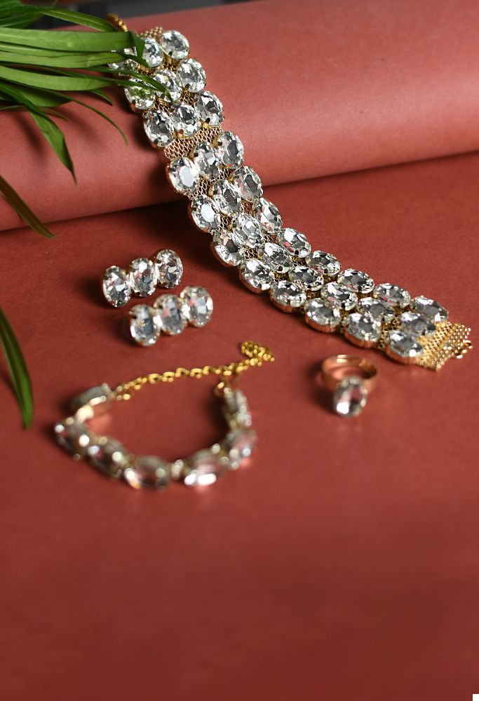 Elegant Gold-Polished White Stone Statement Choker Necklace