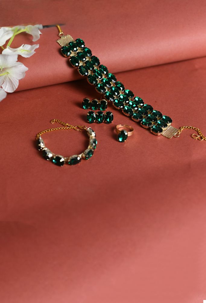 Gold-Polished Green Stone Statement Choker Necklace