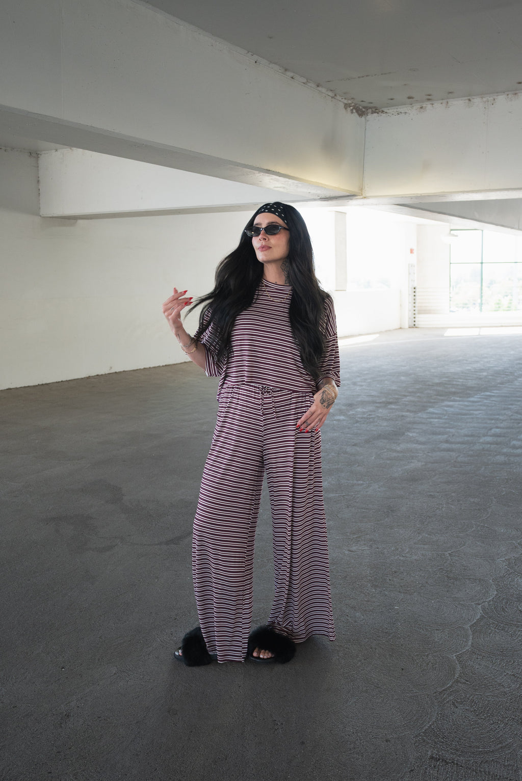 Women's Bamboo Crop Tee Lounge Set | Maroon Stripe