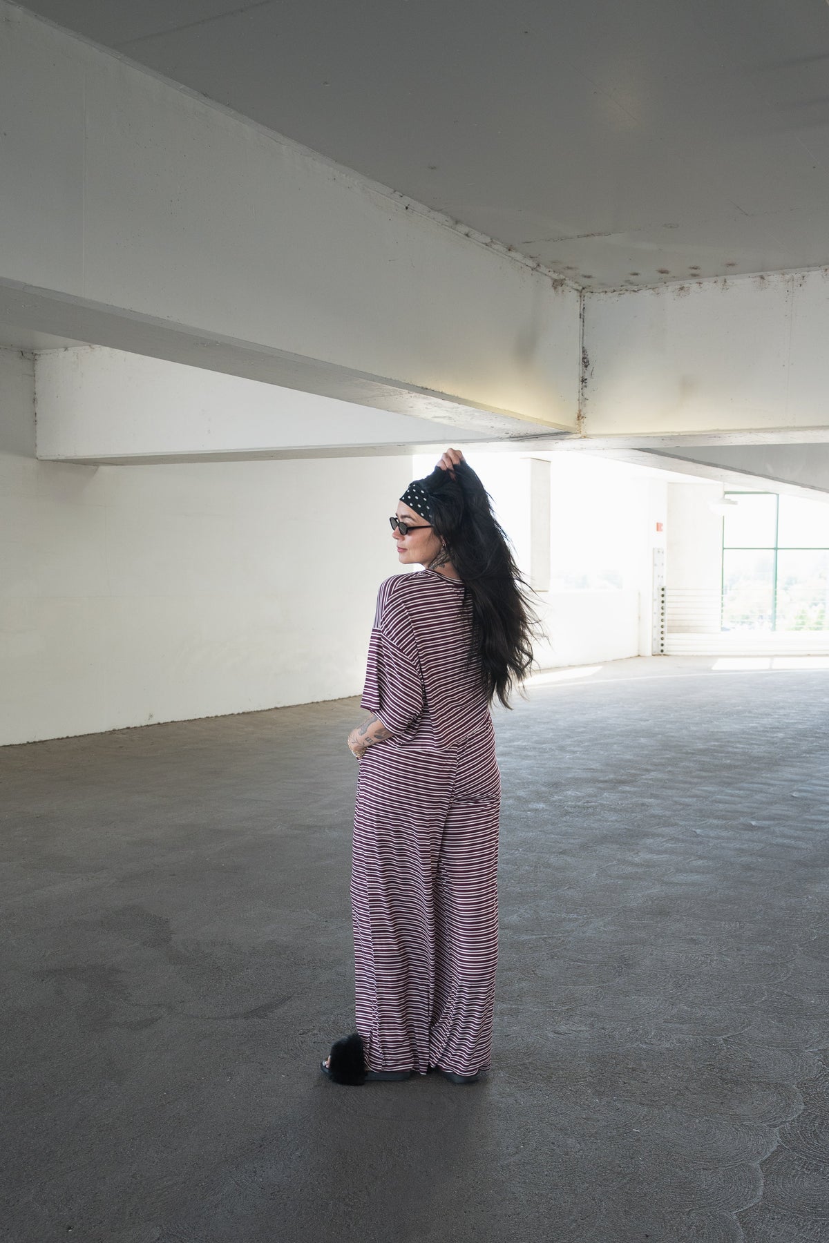 Women's Bamboo Crop Tee Lounge Set | Maroon Stripe