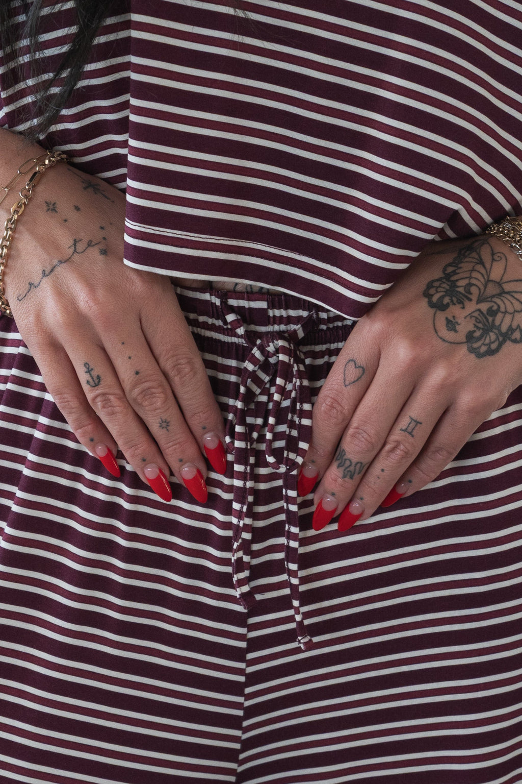 Women's Bamboo Crop Tee Lounge Set | Maroon Stripe