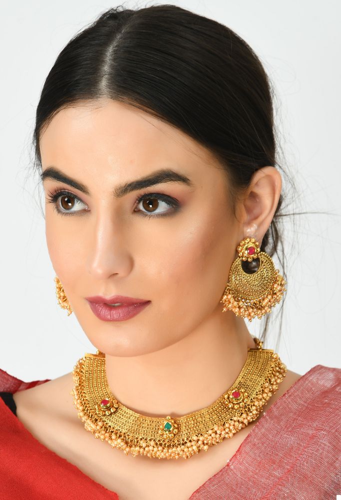 Gold-Polished Brass Stone and Beads Choker Necklace