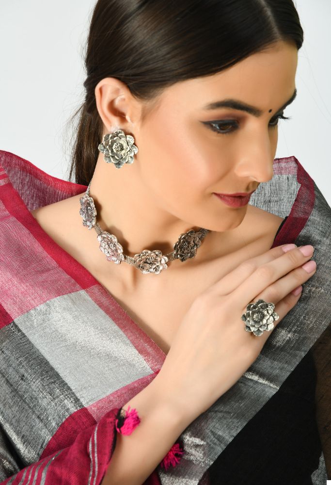 Silver-Plated Brass Rose Design Oxidised Choker Necklace