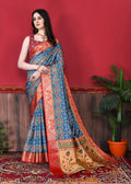 Lorenvalley Fashion Soft Paithani Silk Saree With Patola Print And Contrast Border & Printed Blouse - Mutlicolor