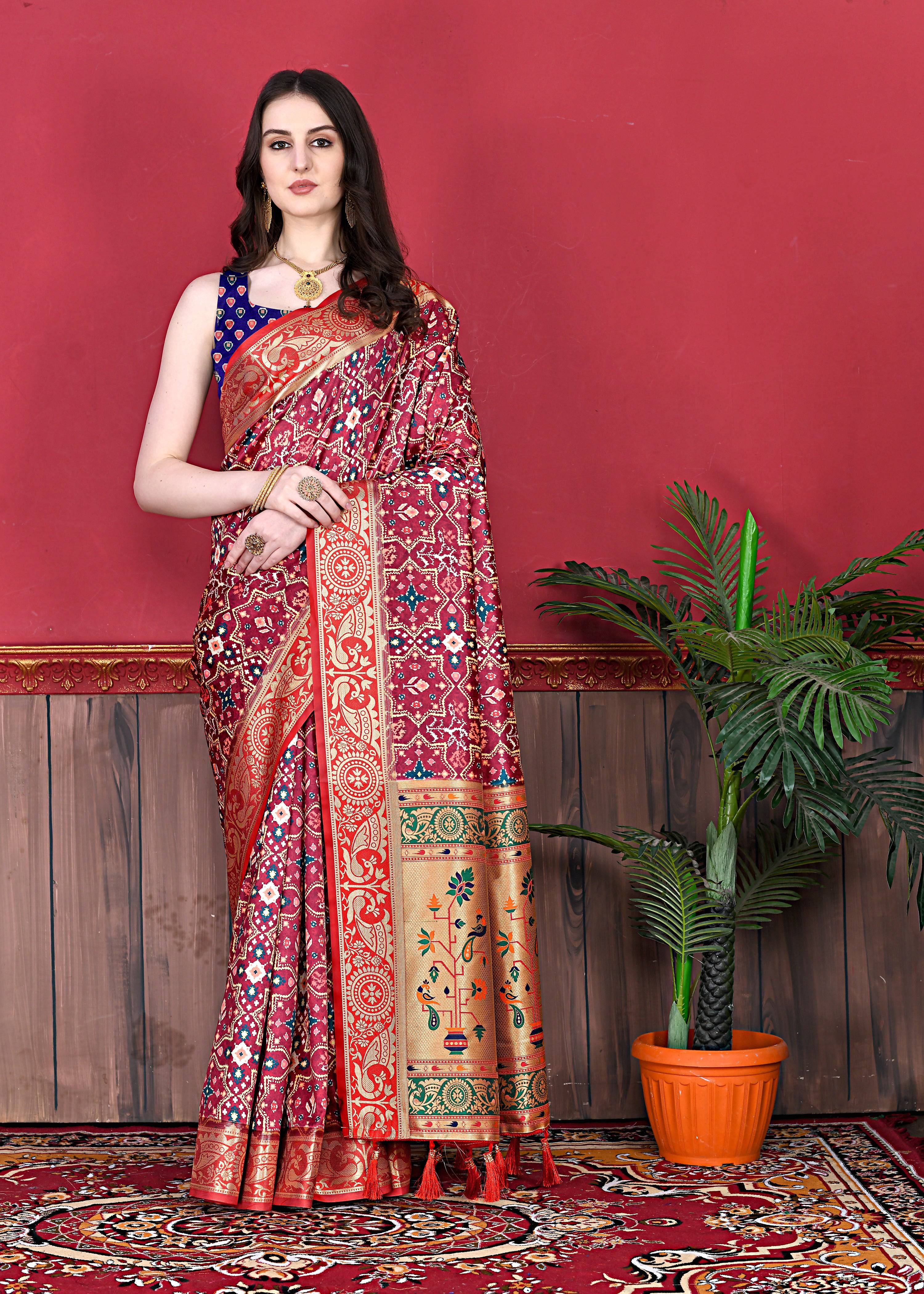 Multicolor soft Paithani silk saree with Patola print, golden zari pallu, and printed blouse