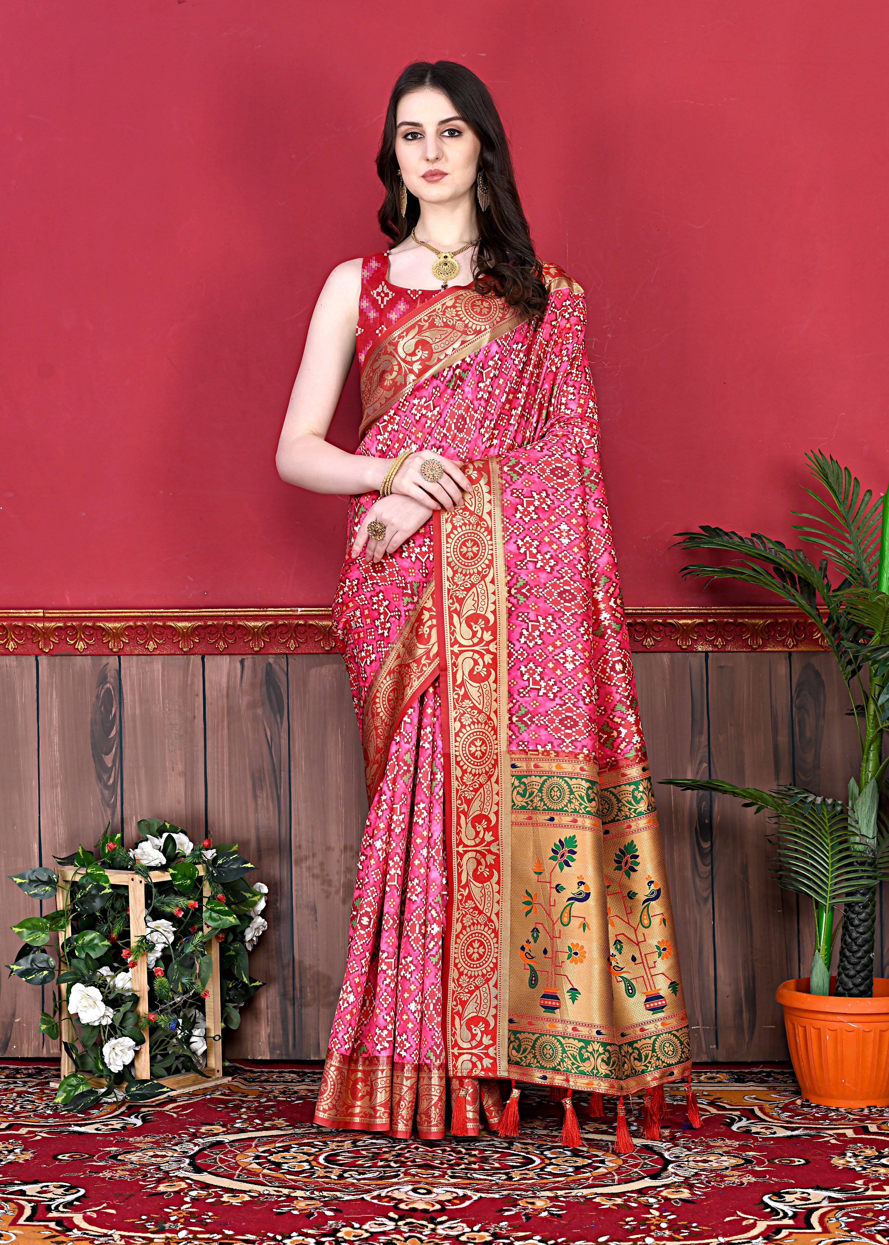 Pink and green Soft Paithani silk saree with geometric Patola print and golden Zari border
