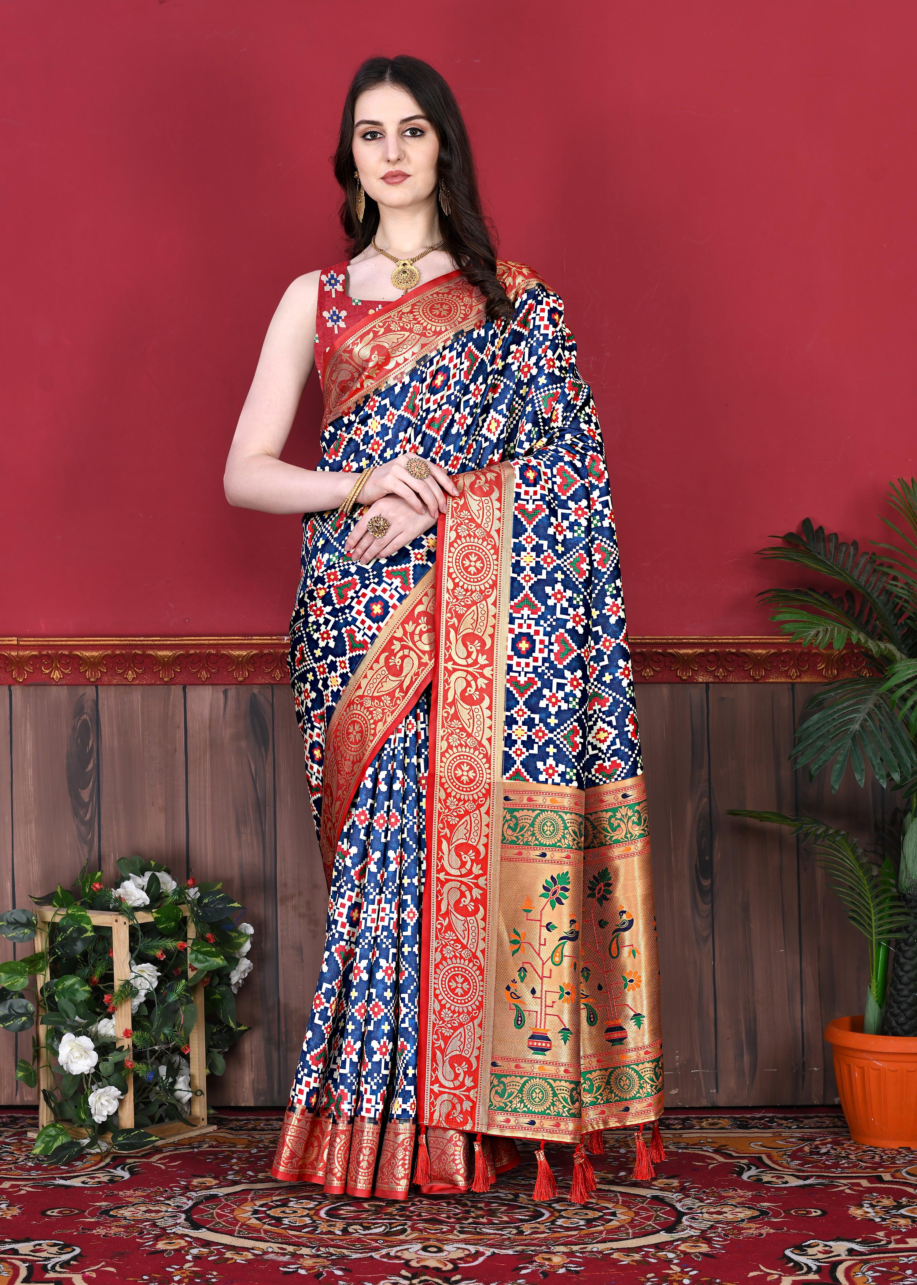 Blue and red Soft Paithani silk saree with Patola print and golden Zari woven border