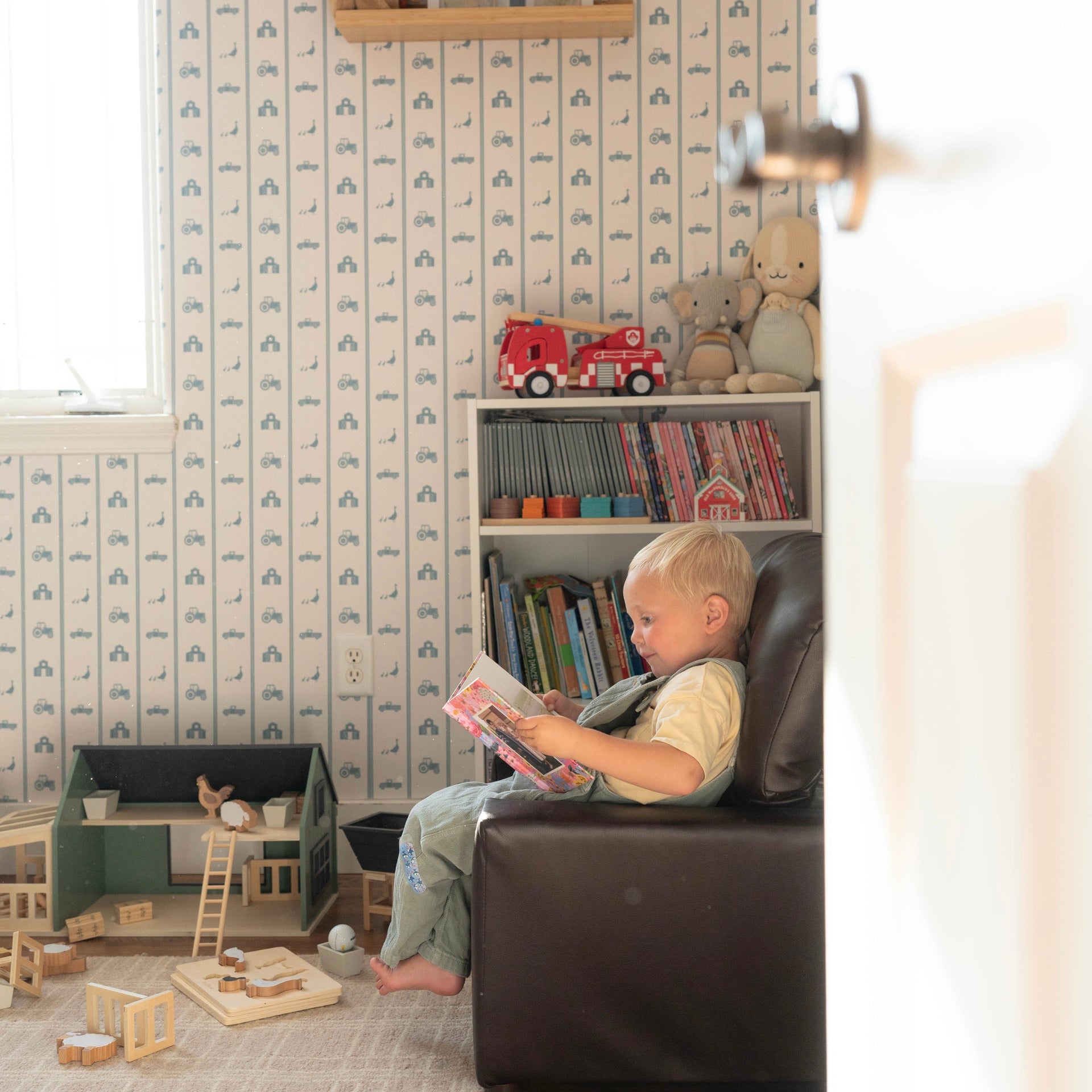 Charlie geometric wallpaper in sage-green and white for farmhouse or nursery decor