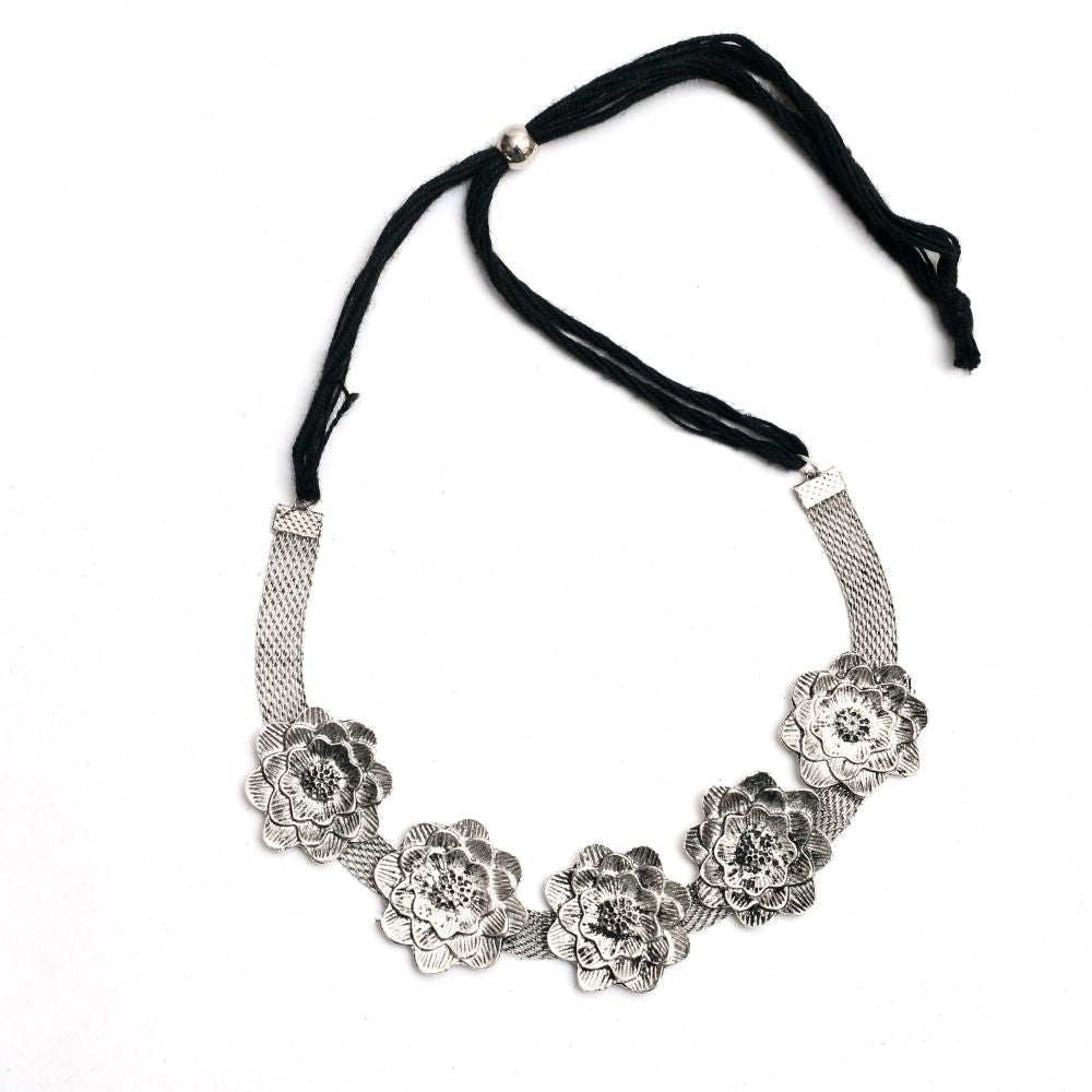 Silver-Plated Brass Rose Design Oxidised Choker Necklace