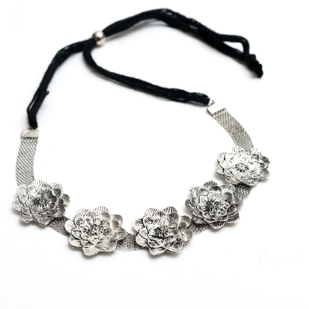 Silver-Plated Brass Rose Design Oxidised Choker Necklace