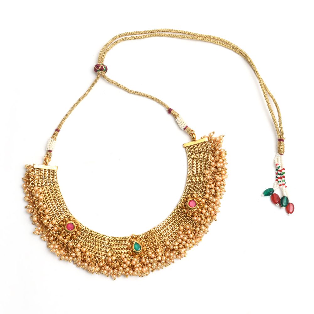 Gold-Polished Brass Stone and Beads Choker Necklace