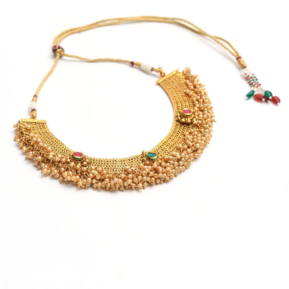 Gold-Polished Brass Stone and Beads Choker Necklace