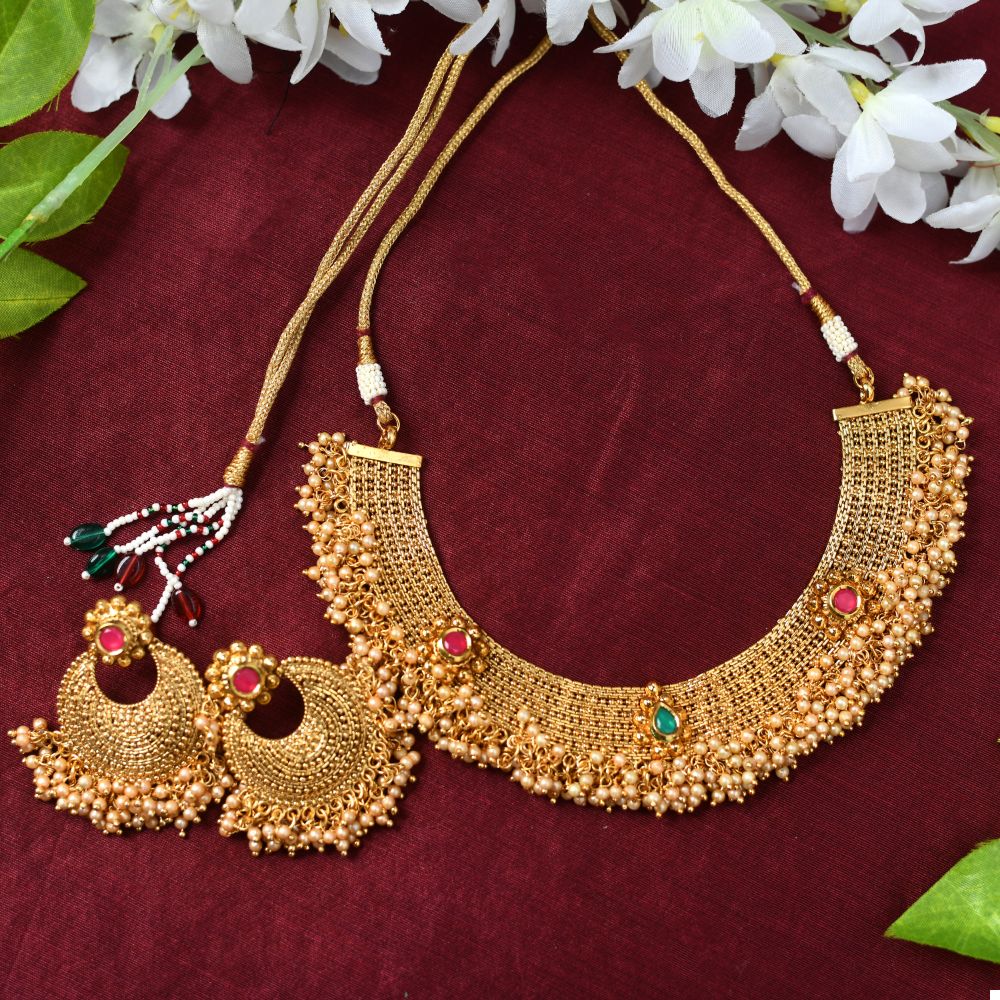 Gold-Polished Brass Stone and Beads Choker Necklace
