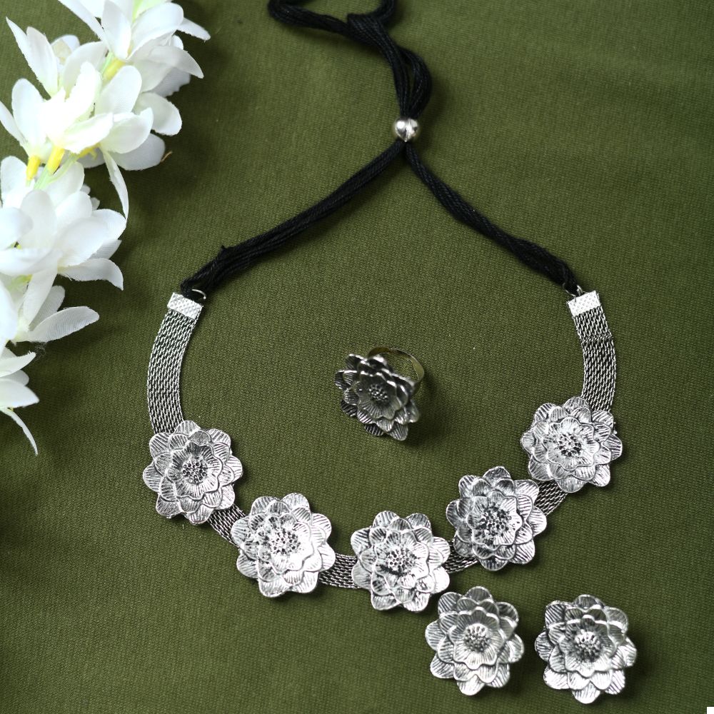 Silver-Plated Brass Rose Design Oxidised Choker Necklace